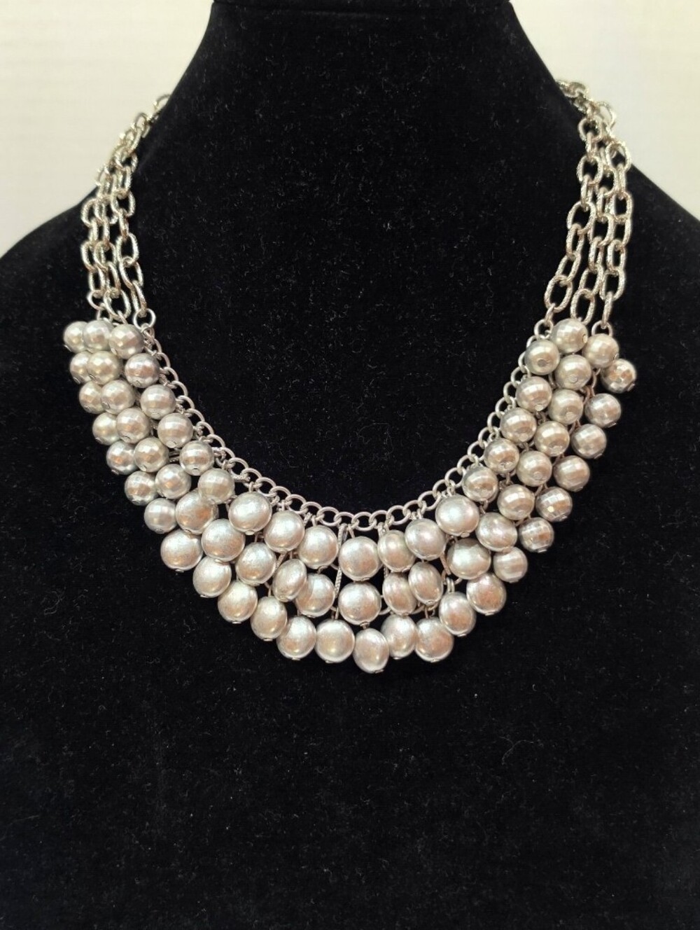Vintage Silver Tone Beaded Bib Necklace Chunky Multi-Strand Metallic Statement